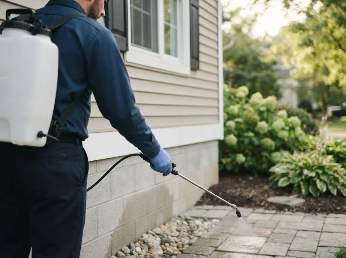 Pest control technician inspecting a home in Blue Rock, OH